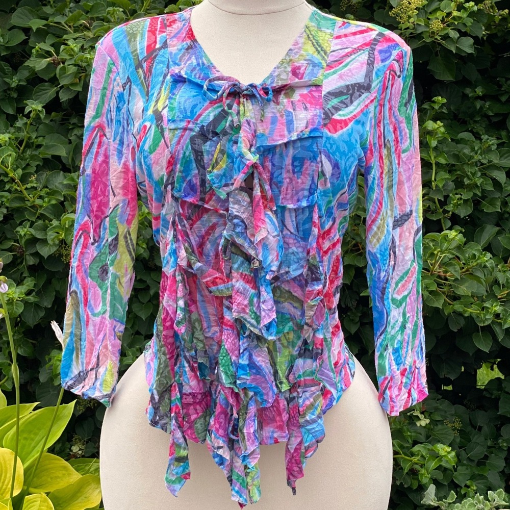 Carine Maximalist Multicolor Semi-Sheer Ruffle Front Tie Blouse Playful Chic - M